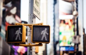 Pedestrian accidents concept. Keep walking New York traffic sign